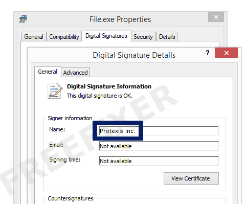 Screenshot of the Protexis Inc. certificate